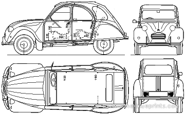 Citroen 2 CV - Ситроен - чертежи, габариты, рисунки автомобиля