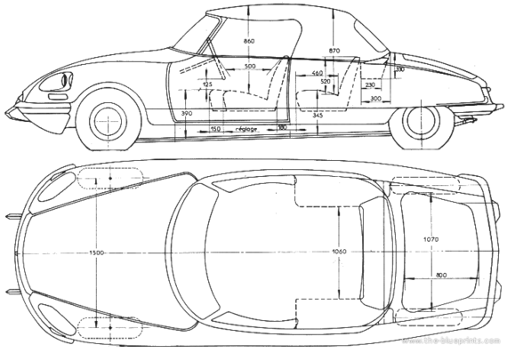 Citroen DS Cabriolet - Ситроен - чертежи, габариты, рисунки автомобиля