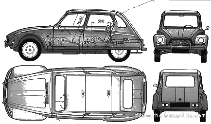 Citroen Dyane 6 (1974) - Ситроен - чертежи, габариты, рисунки автомобиля
