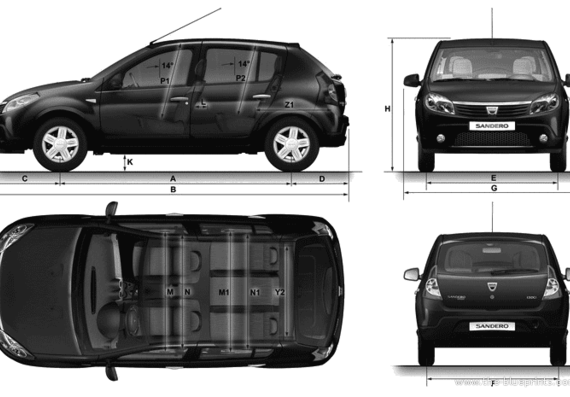 Dacia Sandero - Дациа - чертежи, габариты, рисунки автомобиля
