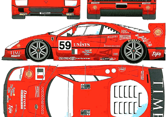 Ferrari F40 GTE Le Mans (1996) - Феррари - чертежи, габариты, рисунки автомобиля