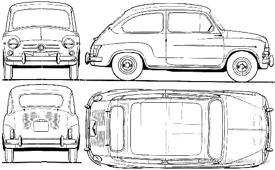 Fiat 600D (1964) - Фиат - чертежи, габариты, рисунки автомобиля
