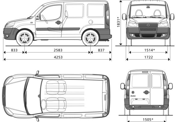 Fiat Doblo Cargo SWB (2007) - Фиат - чертежи, габариты, рисунки автомобиля