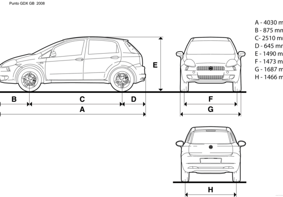 Fiat Grande Punto - Фиат - чертежи, габариты, рисунки автомобиля