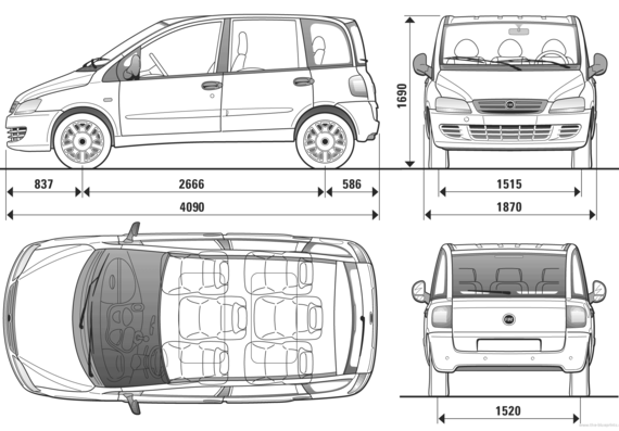 Fiat Multipla (2007) - Фиат - чертежи, габариты, рисунки автомобиля
