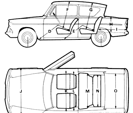 Ford Anglia 105E Saloon (1967) - Форд - чертежи, габариты, рисунки автомобиля