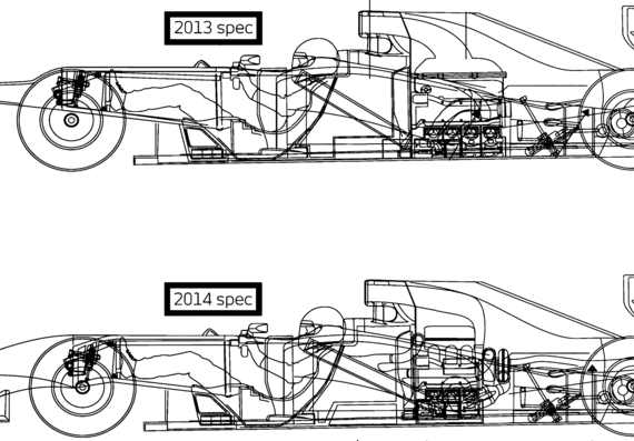 Formula 1 2013 vs 2014 - Разные автомобили - чертежи, габариты, рисунки автомобиля