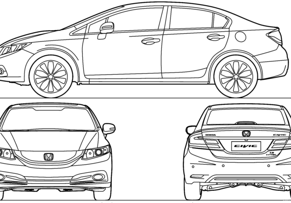 Honda Civic 4-Door (2014) - Хонда - чертежи, габариты, рисунки автомобиля