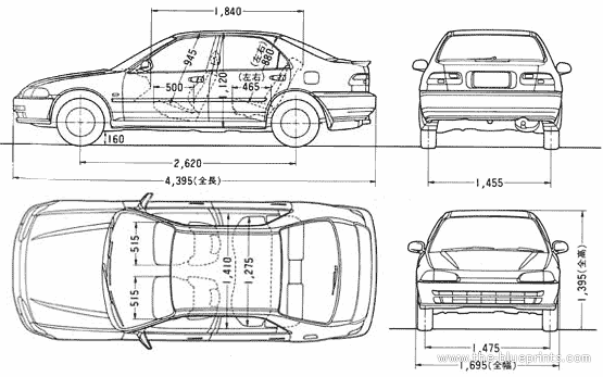 Honda Civic RTSi (1991) - Хонда - чертежи, габариты, рисунки автомобиля