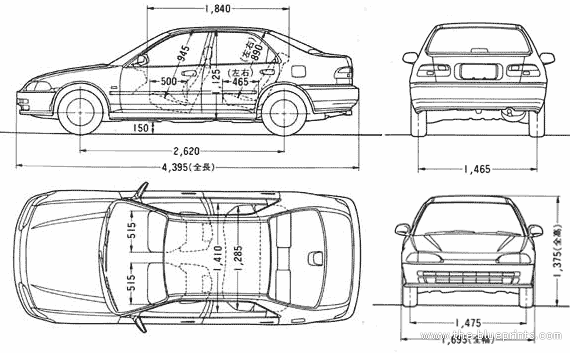 Honda Civic VTi (1991) - Хонда - чертежи, габариты, рисунки автомобиля