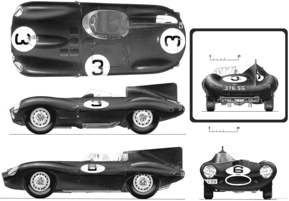 Jaguar D-type LeMans (1954) - Ягуар - чертежи, габариты, рисунки автомобиля