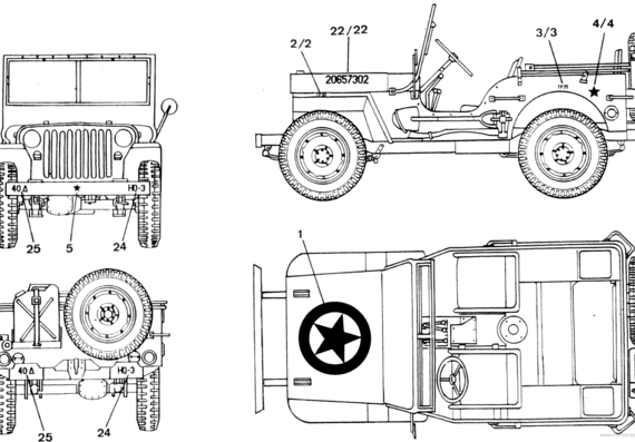 Jeep Willys (1942) - Джип - чертежи, габариты, рисунки автомобиля