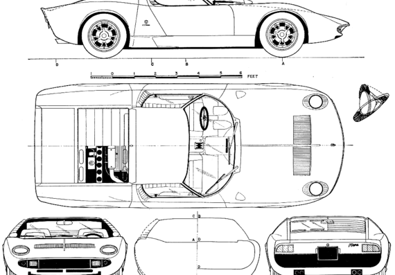 Lamborghini Miura P400 (1967) - Ламборджини - чертежи, габариты, рисунки автомобиля
