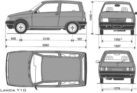 Lancia Y10 - Лянча - чертежи, габариты, рисунки автомобиля