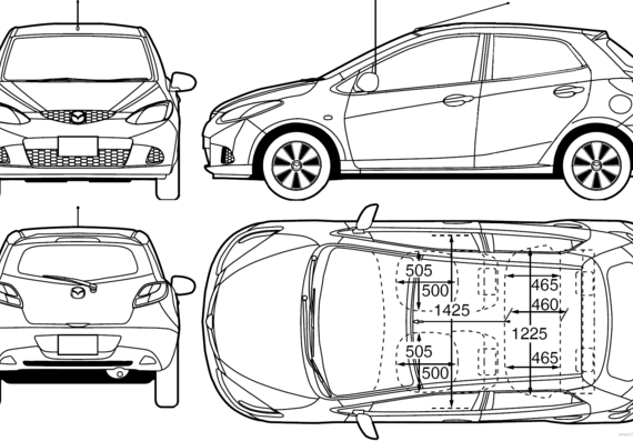 Mazda 2 (2008) - Мазда - чертежи, габариты, рисунки автомобиля