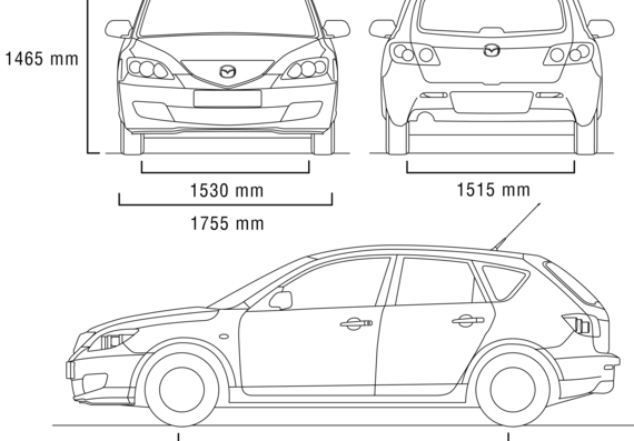 Mazda 3 Hatchback (2007) - Мазда - чертежи, габариты, рисунки автомобиля