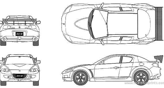Mazda RX-8 GT-W Wing - Мазда - чертежи, габариты, рисунки автомобиля