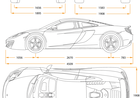 McLaren MP4 12C - МакЛарен - чертежи, габариты, рисунки автомобиля