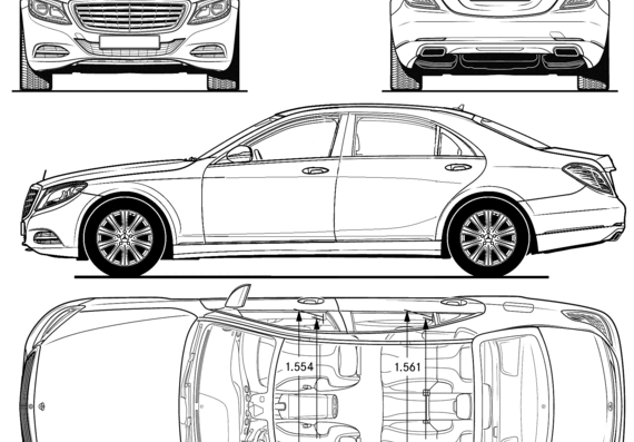 Mercedes-Benz S-Class L W222 (2014) - Мерседес Бенц - чертежи, габариты, рисунки автомобиля
