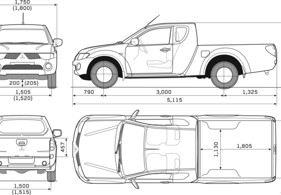 Mitsubishi L200 Club Cab (2008) - Митцубиси - чертежи, габариты, рисунки автомобиля