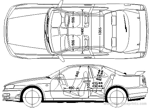 Nissan Skyline GT-R R34 (2001) - Ниссан - чертежи, габариты, рисунки автомобиля