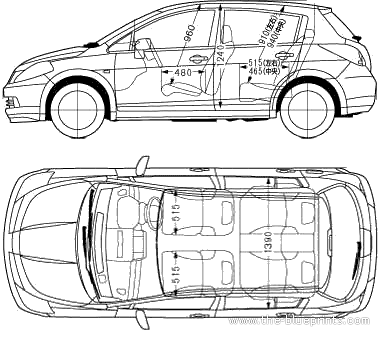 Nissan Tiida (2005) - Ниссан - чертежи, габариты, рисунки автомобиля