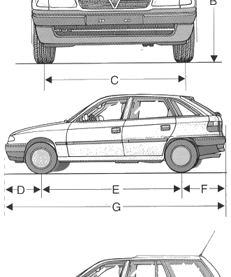 Opel Astra (1995) - Опель - чертежи, габариты, рисунки автомобиля