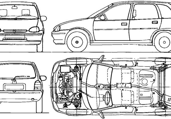Opel Corsa B 5-Door (1994) - Опель - чертежи, габариты, рисунки автомобиля