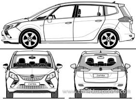 Opel Zafira Tourer (2011) - Опель - чертежи, габариты, рисунки автомобиля