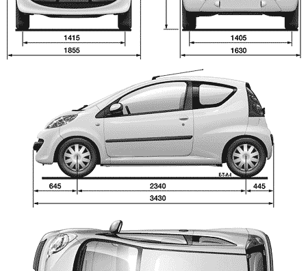 Peugeot 107 3-door - Пежо - чертежи, габариты, рисунки автомобиля