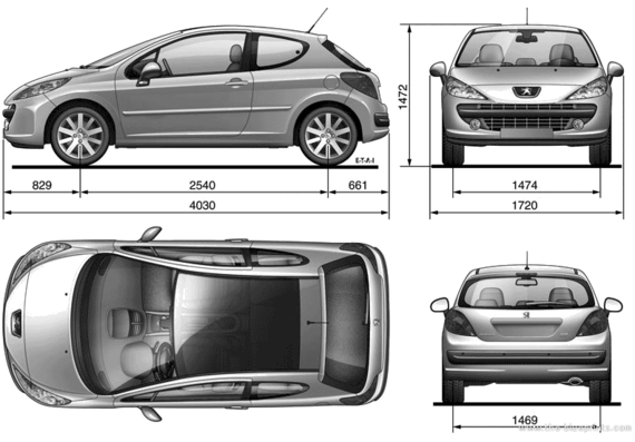 Peugeot 207 - Пежо - чертежи, габариты, рисунки автомобиля