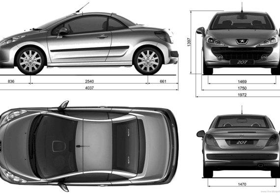 Peugeot 207CC (2007) - Пежо - чертежи, габариты, рисунки автомобиля