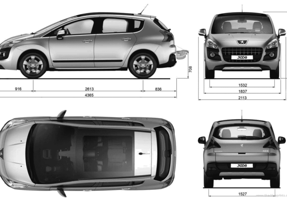 Peugeot 3008 MPV (2009) - Пежо - чертежи, габариты, рисунки автомобиля