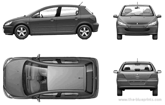 Peugeot 307 5-Door (2004) - Пежо - чертежи, габариты, рисунки автомобиля