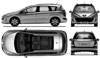 Peugeot 308SW (2008) - Пежо - чертежи, габариты, рисунки автомобиля