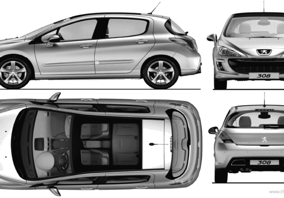 Peugeot 308 5-Door (2009) - Пежо - чертежи, габариты, рисунки автомобиля