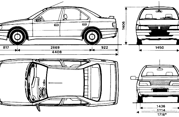 Peugeot 405 - Пежо - чертежи, габариты, рисунки автомобиля