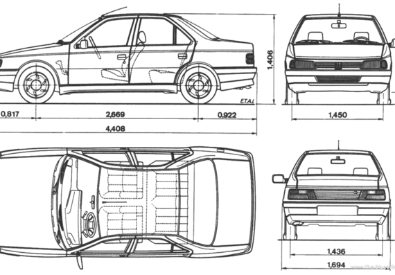 Peugeot 405 Sedan - Пежо - чертежи, габариты, рисунки автомобиля