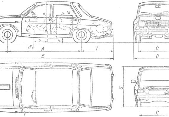 Renault 12 (Dacia 1300) - Рено - чертежи, габариты, рисунки автомобиля