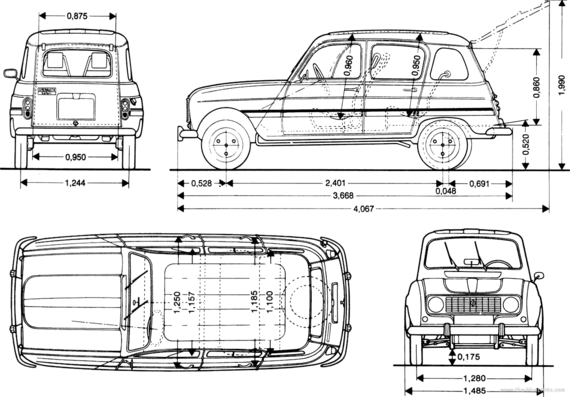 Renault 4 - Рено - чертежи, габариты, рисунки автомобиля