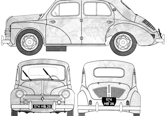 Renault 4CV (1952) - Рено - чертежи, габариты, рисунки автомобиля