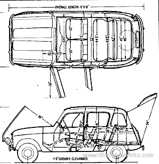 Renault 4 L (1963) - Рено - чертежи, габариты, рисунки автомобиля