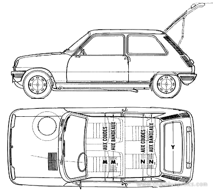 Renault 5 (1973) - Рено - чертежи, габариты, рисунки автомобиля