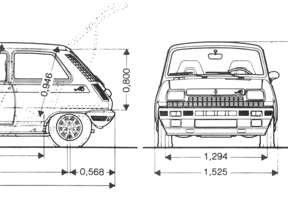 Renault 5 Alpine - Рено - чертежи, габариты, рисунки автомобиля