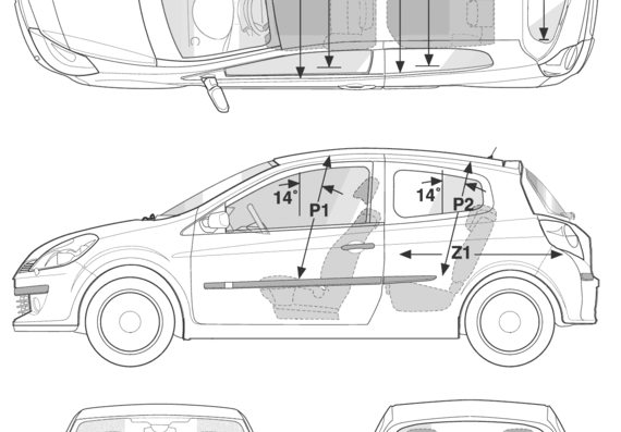 Renault Clio III (2006) - Рено - чертежи, габариты, рисунки автомобиля