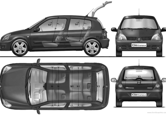 Renault Clio II 3-Door (2009) - Рено - чертежи, габариты, рисунки автомобиля