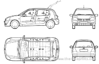 Renault Clio II 5-Door (2004) - Рено - чертежи, габариты, рисунки автомобиля