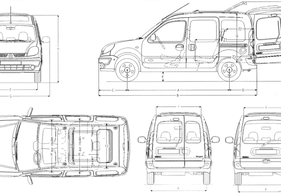 Renault Kangoo (2004) - Рено - чертежи, габариты, рисунки автомобиля