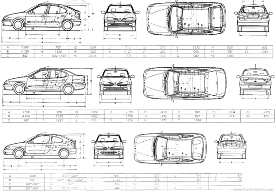 Renault Megane (1997) - Рено - чертежи, габариты, рисунки автомобиля