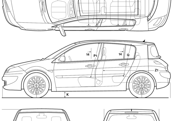 Renault Megane Hatchback (2005) - Рено - чертежи, габариты, рисунки автомобиля